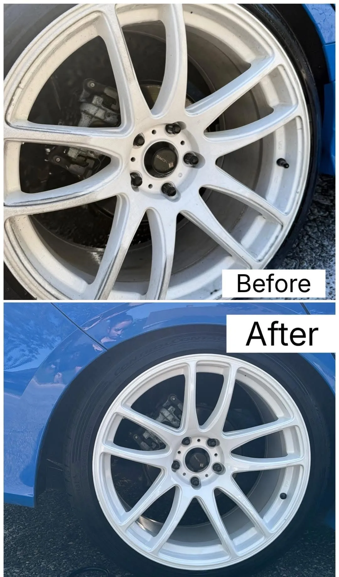 Alloy wheel shown before and after decontamination, with brake dust removed and the white finish restored.