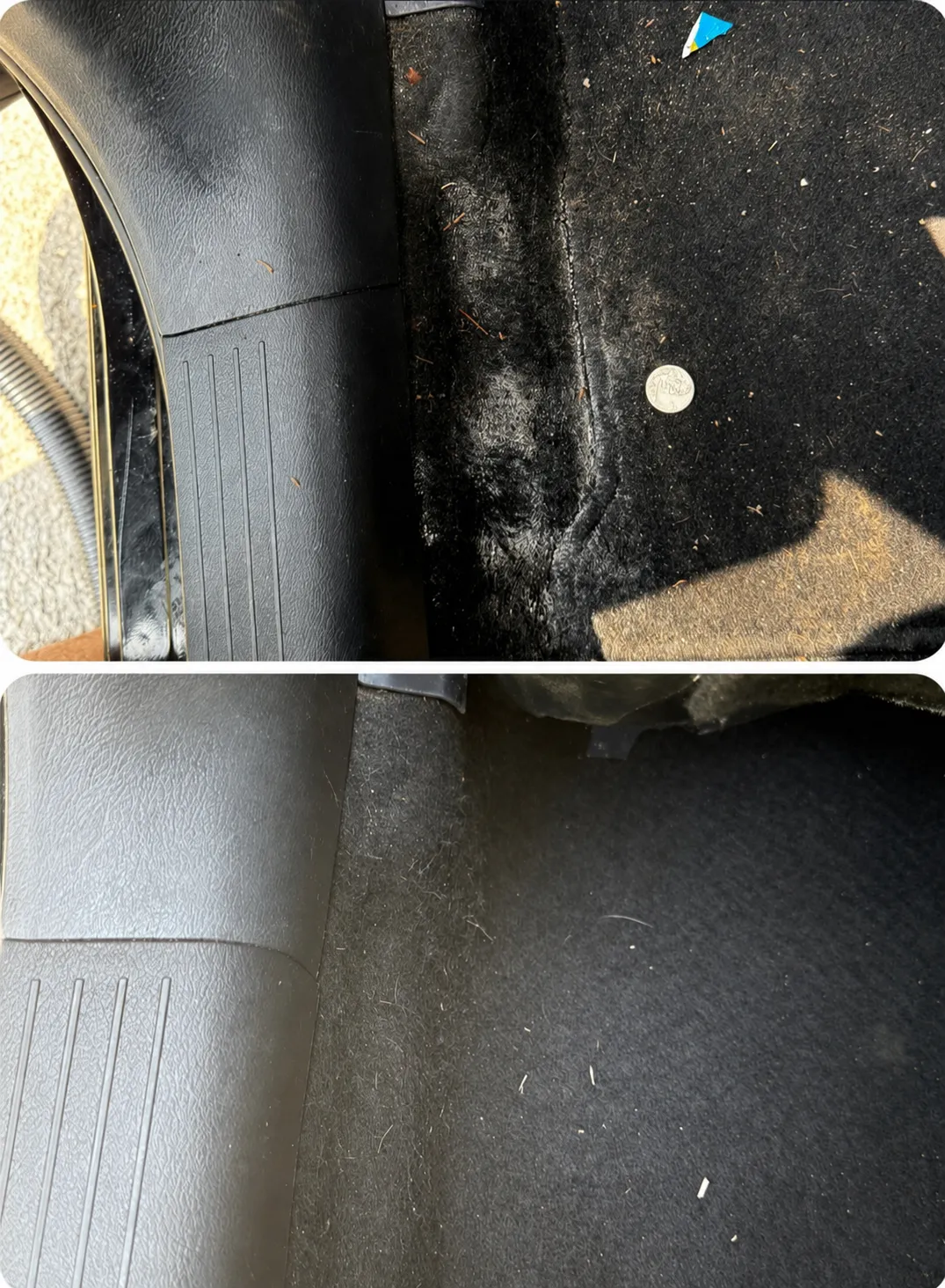 Carpet and lower trim shown before and after, with matted debris removed and the pile lifted and uniform.